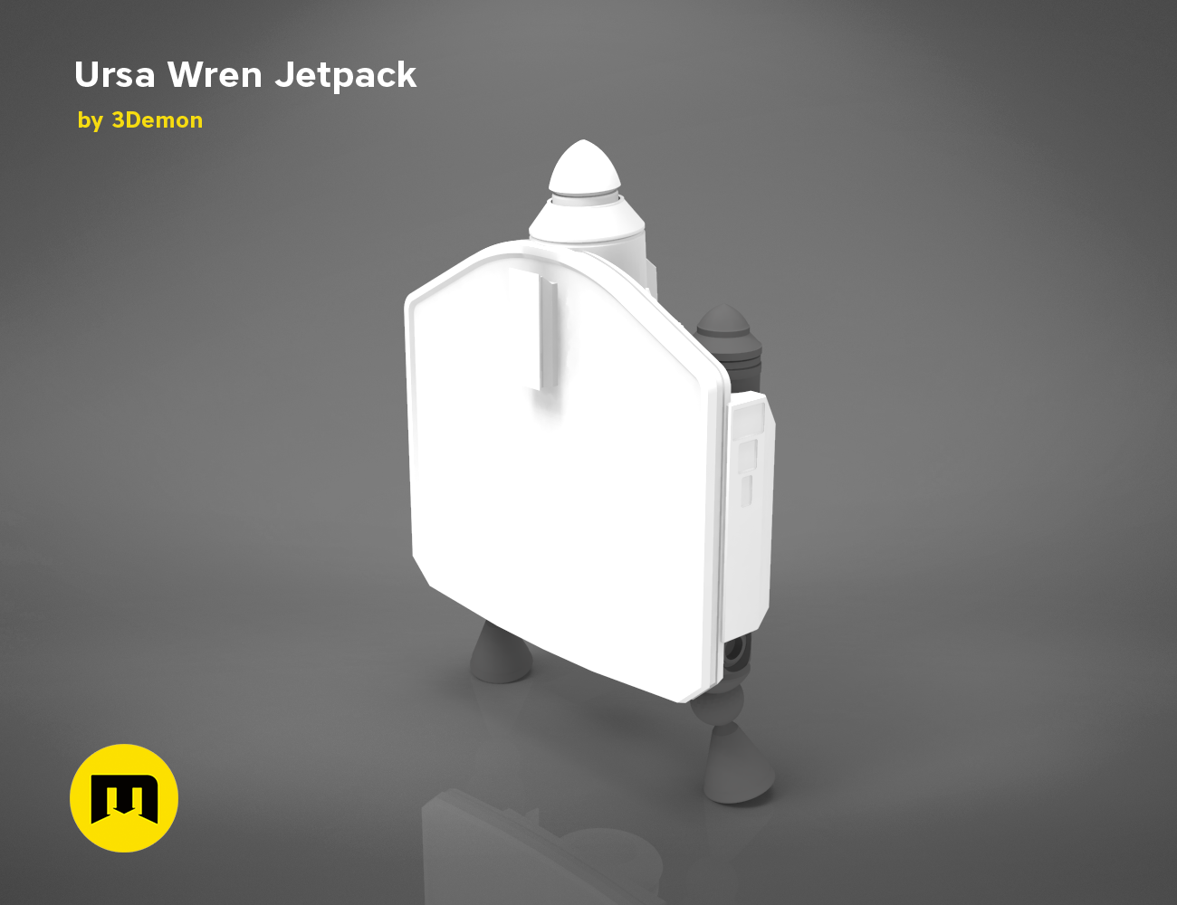 3D model of Ursa Wren Jetpack STL, white 3D printed jetpack with thrusters, side view
