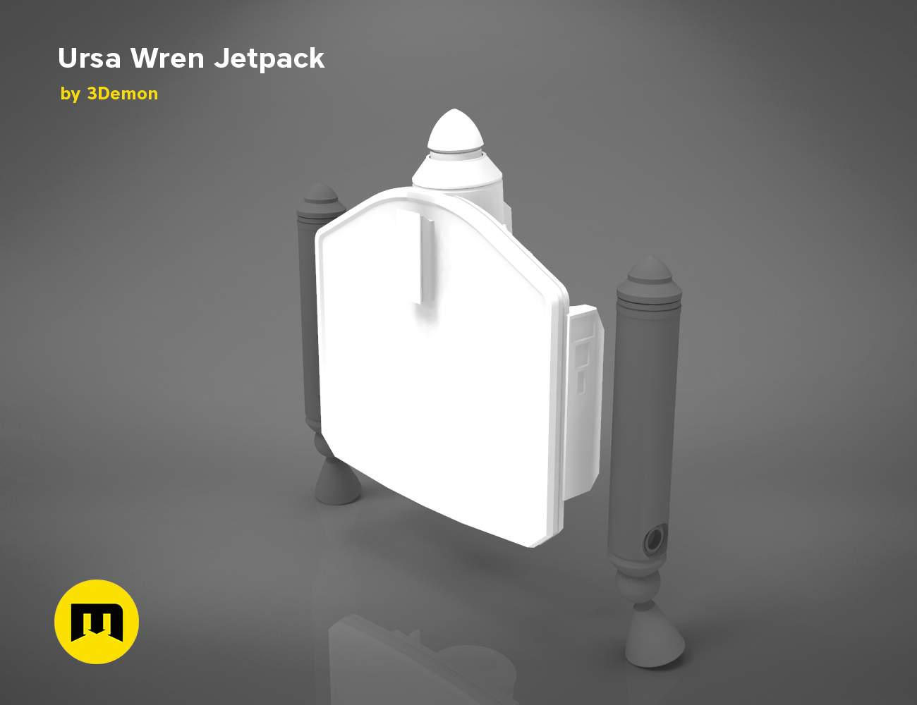 Digital 3D render of Ursa Wren Jetpack STL, white backpack with dual gray thrusters, 3D print cosplay prop