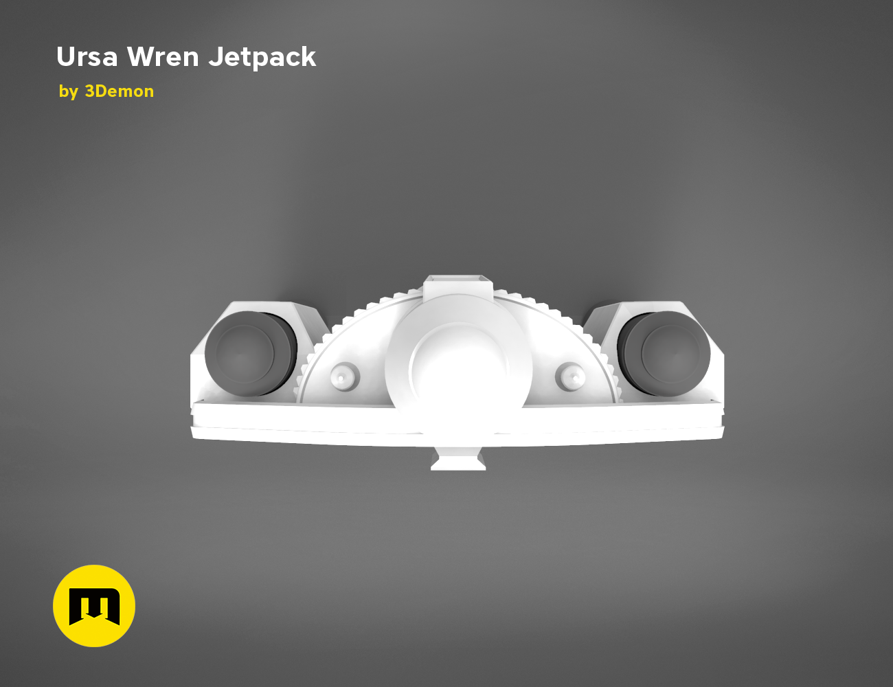 3D visualization of Ursa Wren Jetpack STL, front view 3D printed cosplay prop with thrusters