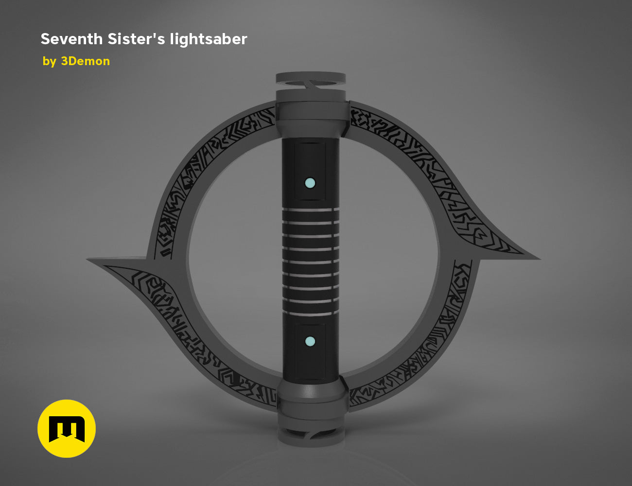 3D model render of Seventh Sister Lightsaber STL, dual-bladed hilt with glowing emitter, 3D print cosplay prop
