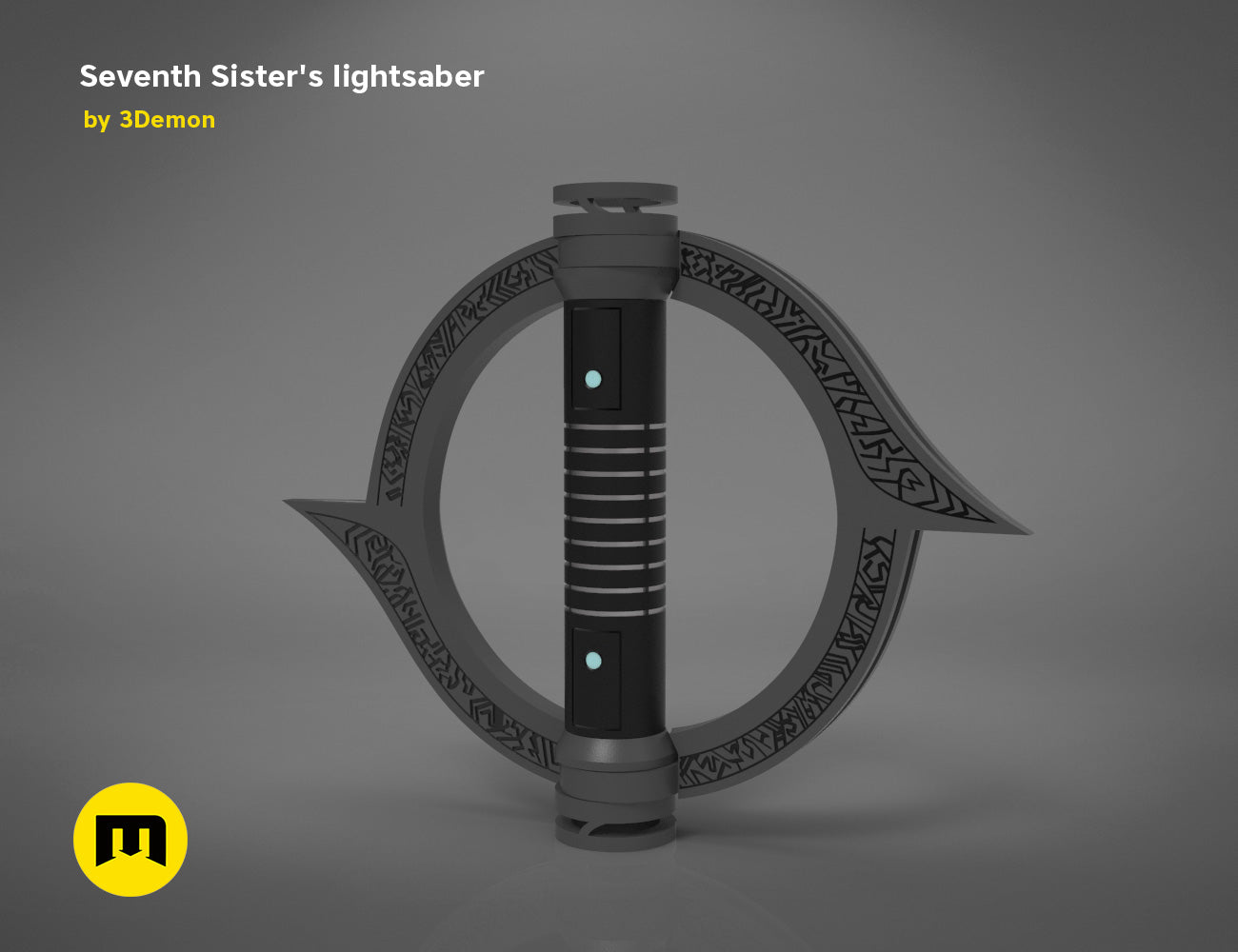 Painted 3D render of Seventh Sister Lightsaber, black hilt with glowing emitter, 3D print cosplay prop.