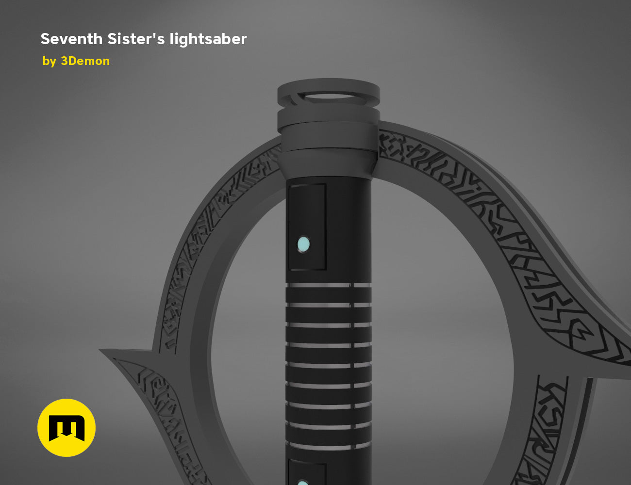 CGI render of Seventh Sister Lightsaber STL, black hilt with glowing emitter, 3D print cosplay prop