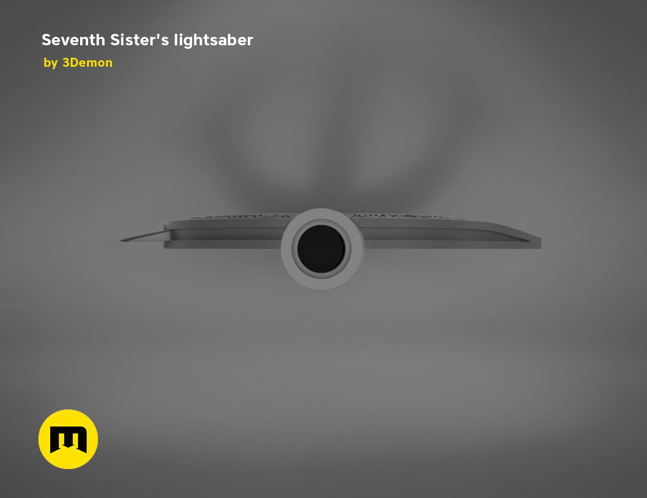 Rendered 3D model of Seventh Sister Lightsaber STL, grey matte hilt with glowing emitter detail, 3D print cosplay prop.