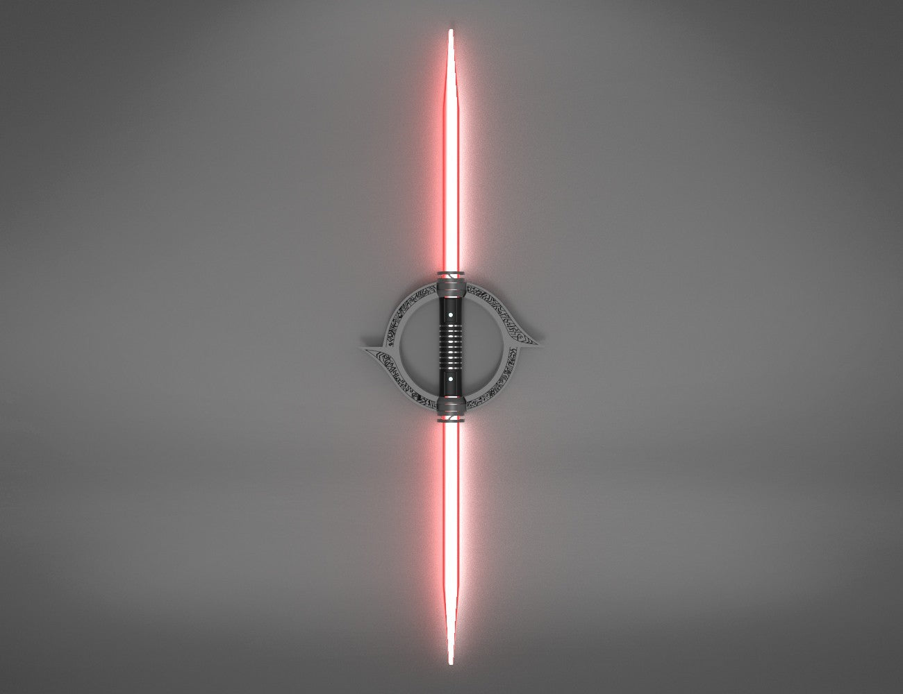 Digital 3D render of Seventh Sister Lightsaber STL, glowing red blade with ornate hilt, 3D print cosplay prop.