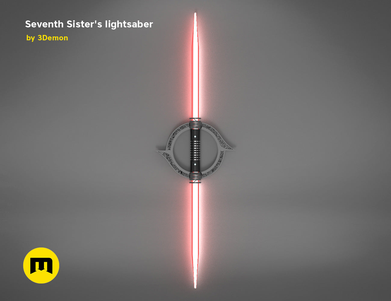 3D visualization of Seventh Sister Lightsaber STL, glowing red blade with ornate hilt, 3D print cosplay prop.