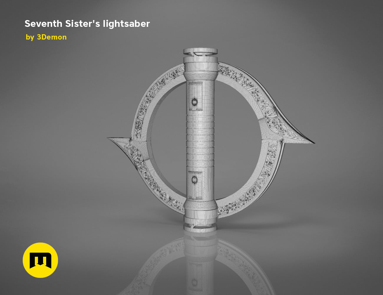 Wireframe mesh render of Seventh Sister Lightsaber STL, front hilt and guard detail, 3D print cosplay prop