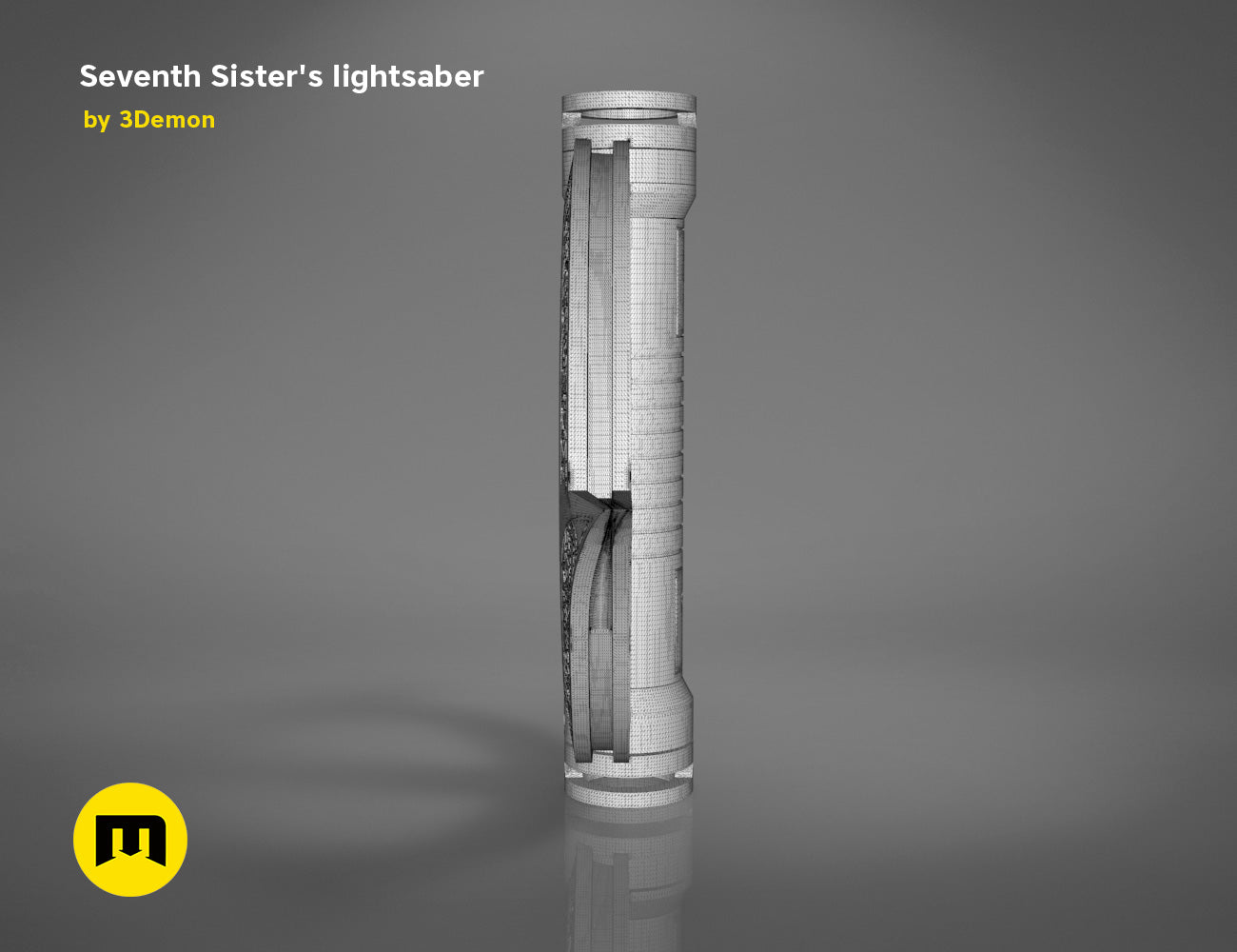 Digital 3D render of Seventh Sister Lightsaber STL, grey wireframe hilt with internal emitter detail, 3D print cospla...
