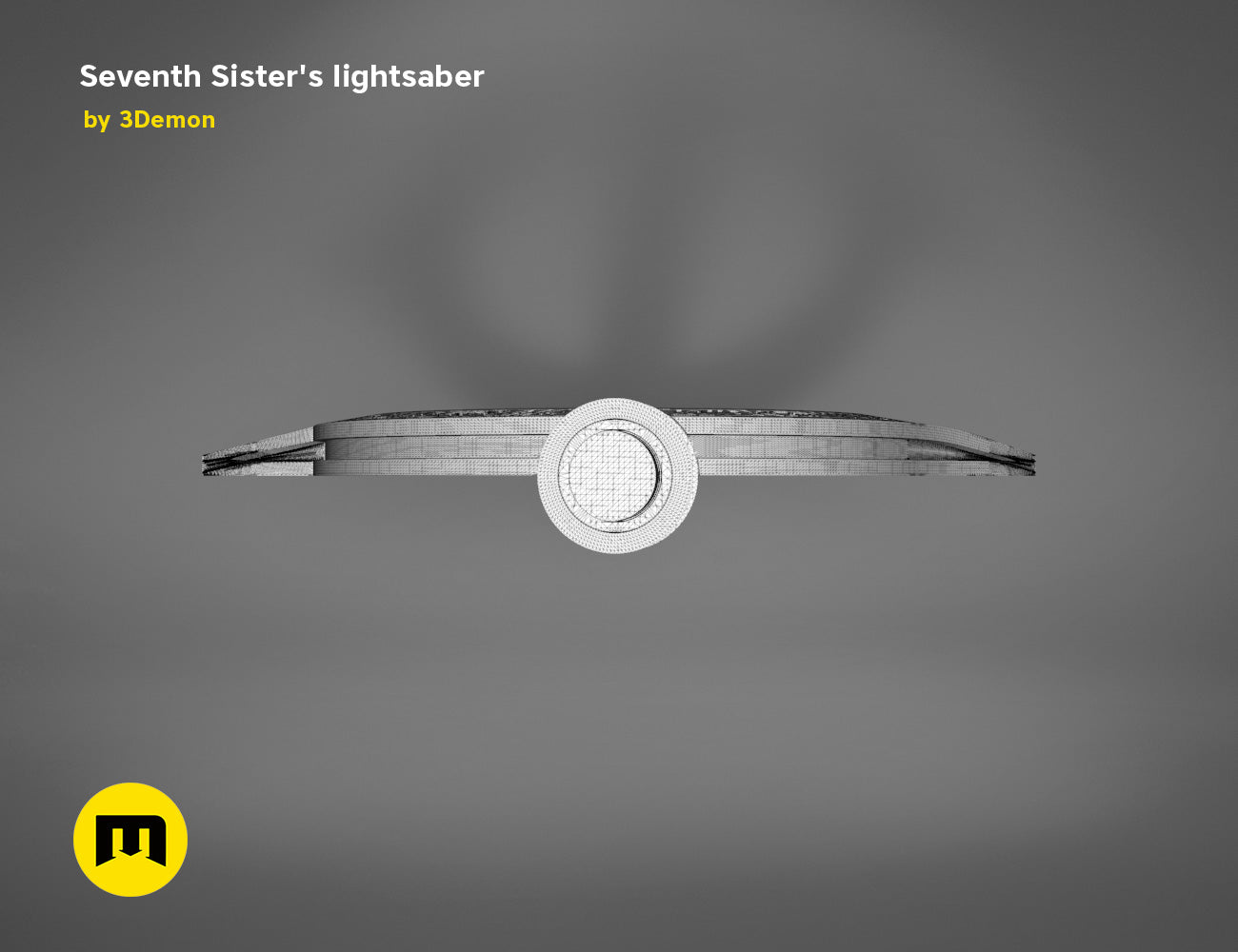 Wireframe mesh render of Seventh Sister Lightsaber STL, side polygon structure, 3D print cosplay prop