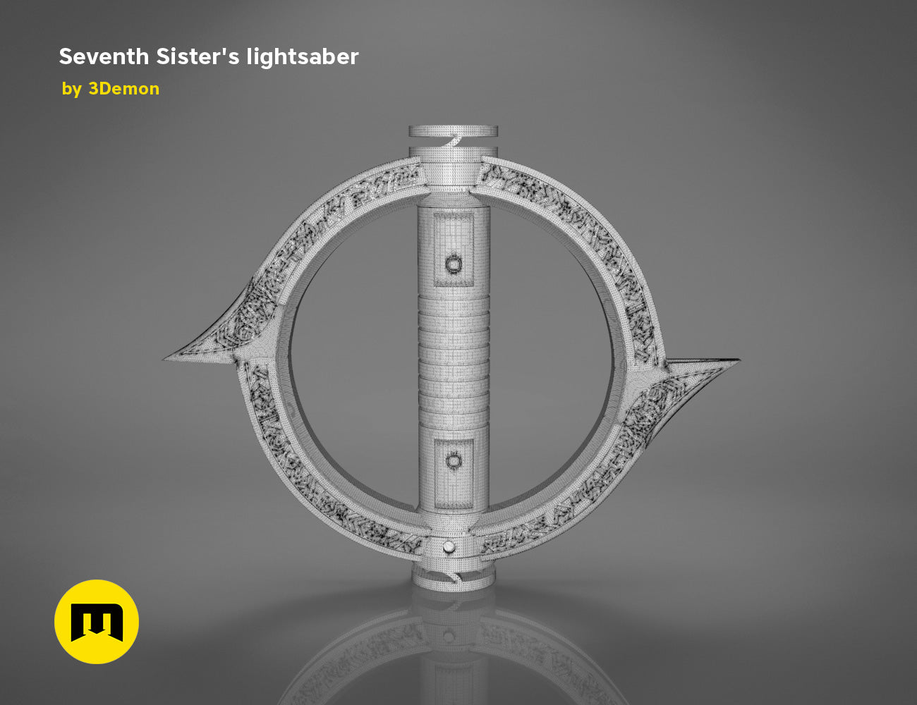Wireframe mesh render of Seventh Sister Lightsaber STL, intricate hilt topology, 3D print cosplay prop