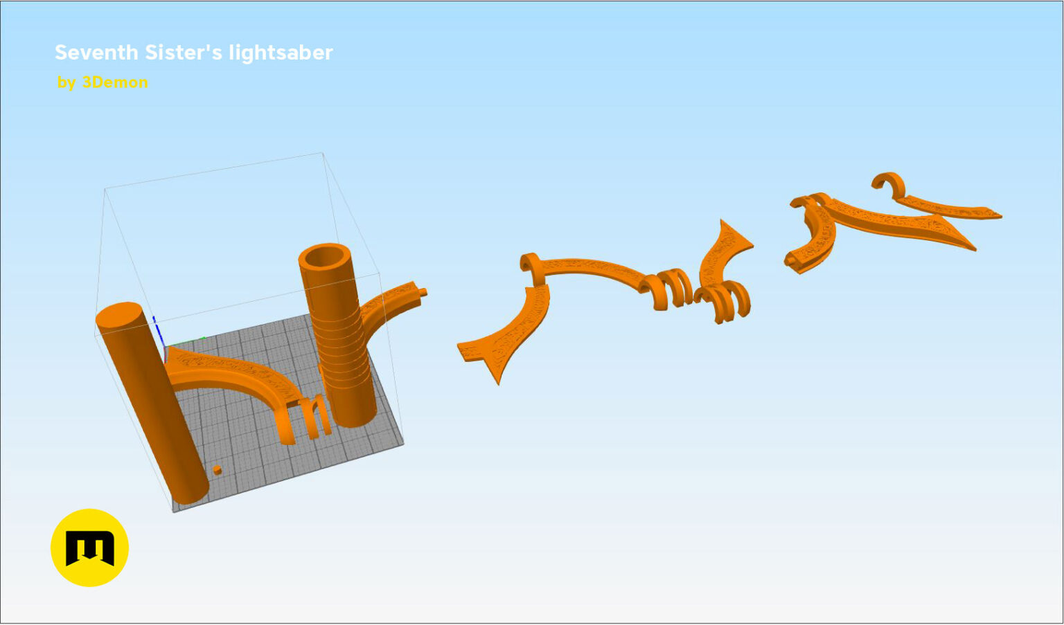 Seventh Sister Lightsaber STL, exploded view of orange 3D printed cosplay prop parts