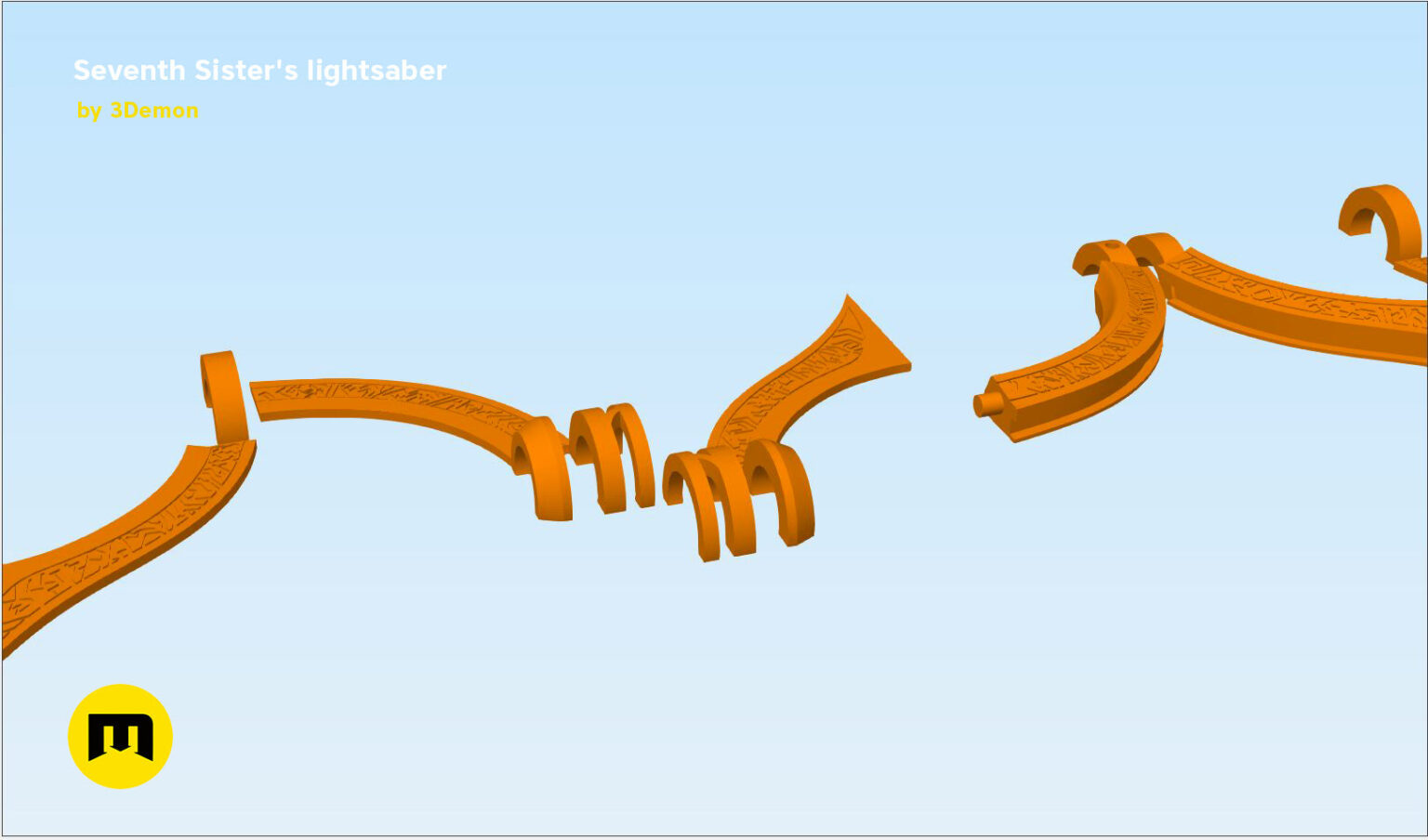 3D print preview of Seventh Sister Lightsaber, exploded view of orange hilt parts, cosplay prop