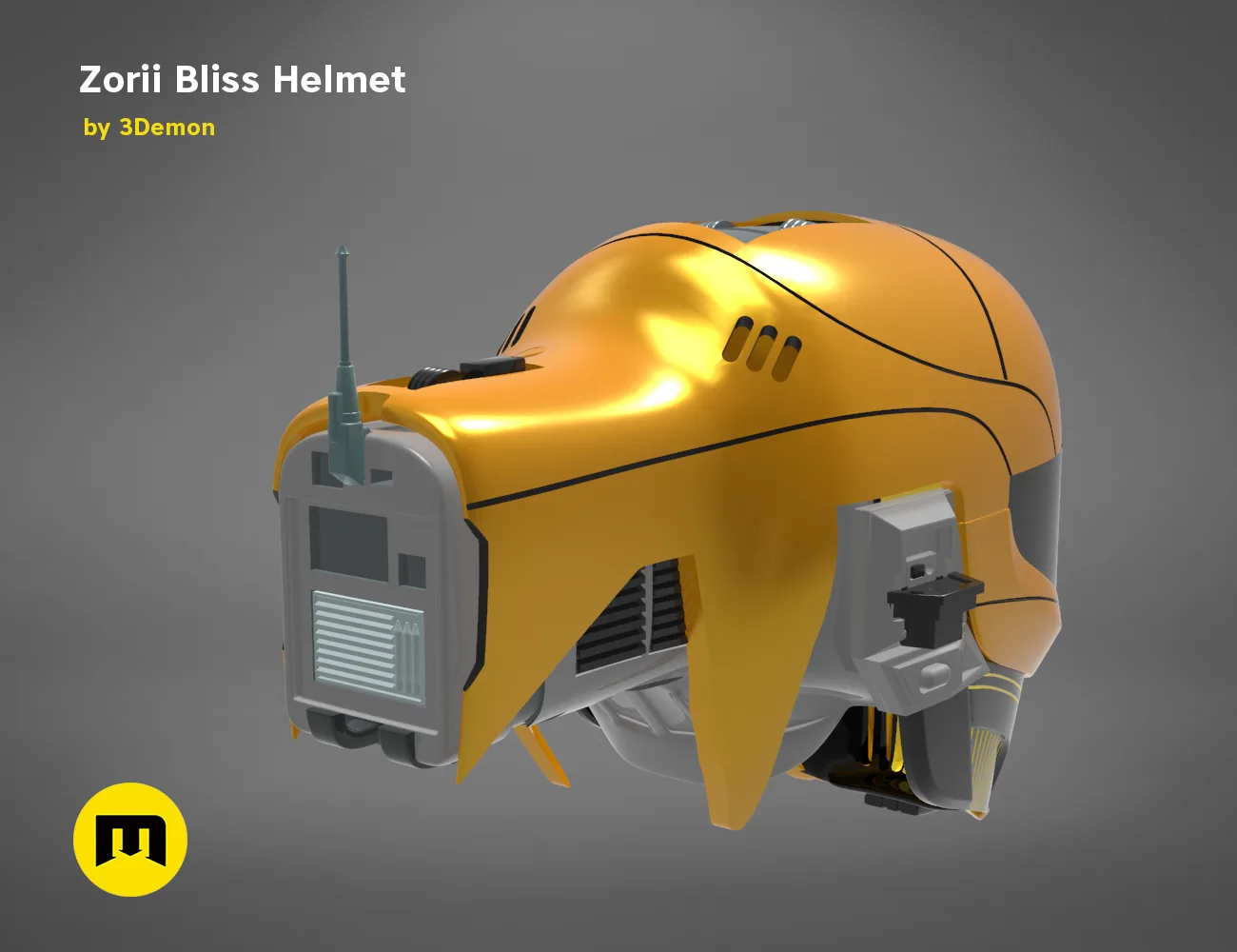 Painted 3D render of Zorii Bliss Helmet, futuristic orange cosplay prop with antenna, 3D print.