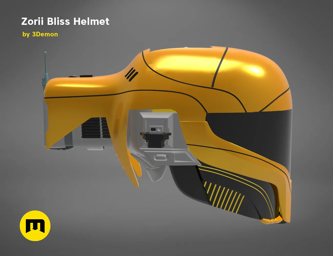 Painted 3D render of Zorii Bliss Helmet, futuristic orange cosplay prop, side view 3D print