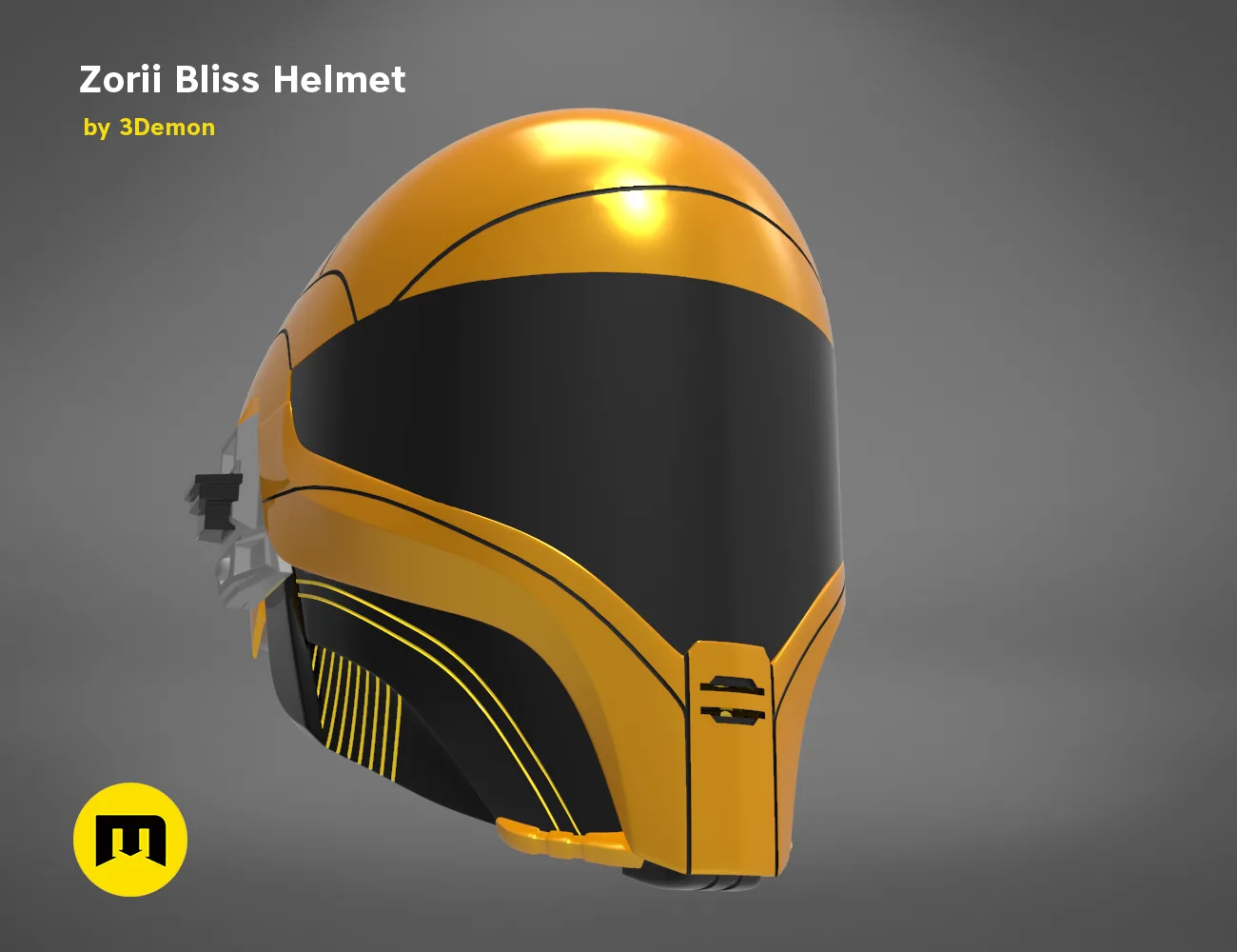 Painted 3D render of Zorii Bliss Helmet, orange and black 3D print cosplay prop, side view