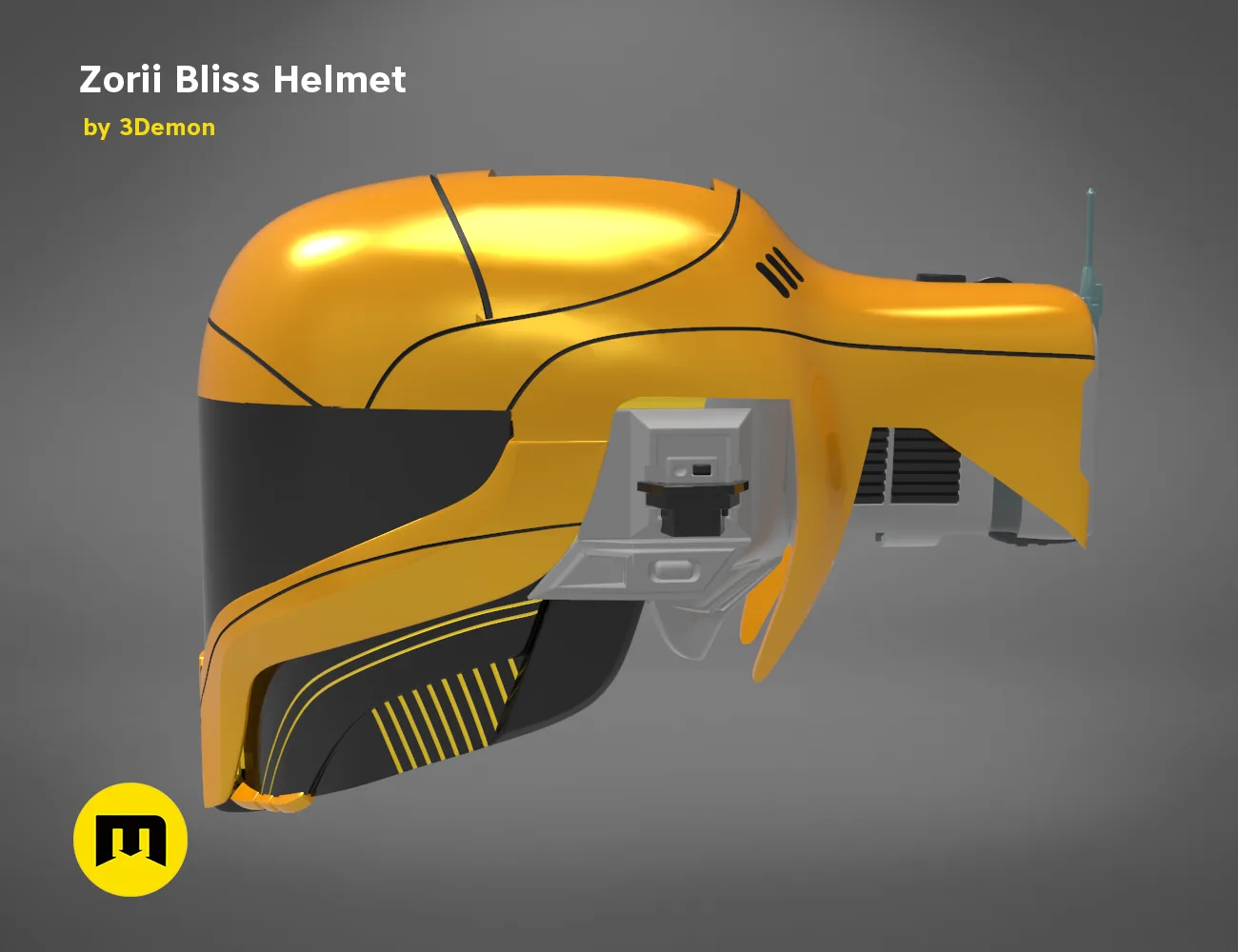 Painted 3D render of Zorii Bliss Helmet, sleek orange cosplay prop with black accents, 3D print.