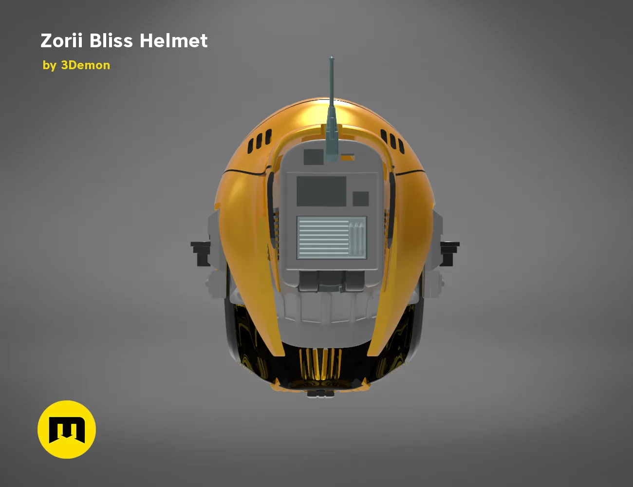 Printable 3D model of Zorii Bliss Helmet, front view orange cosplay prop with HUD display
