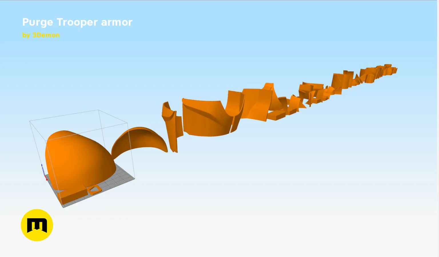 Digital 3D render of Purge Trooper armor STL, exploded orange cosplay prop parts, 3D print