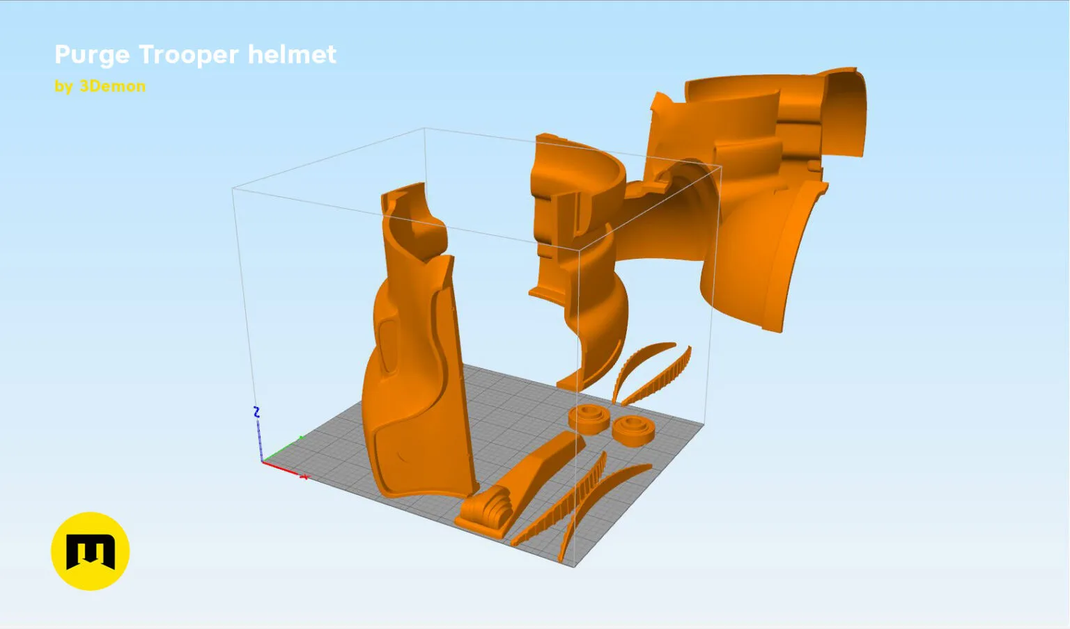 3D visualization of Purge Trooper armor STL, exploded view of orange 3D printed cosplay parts
