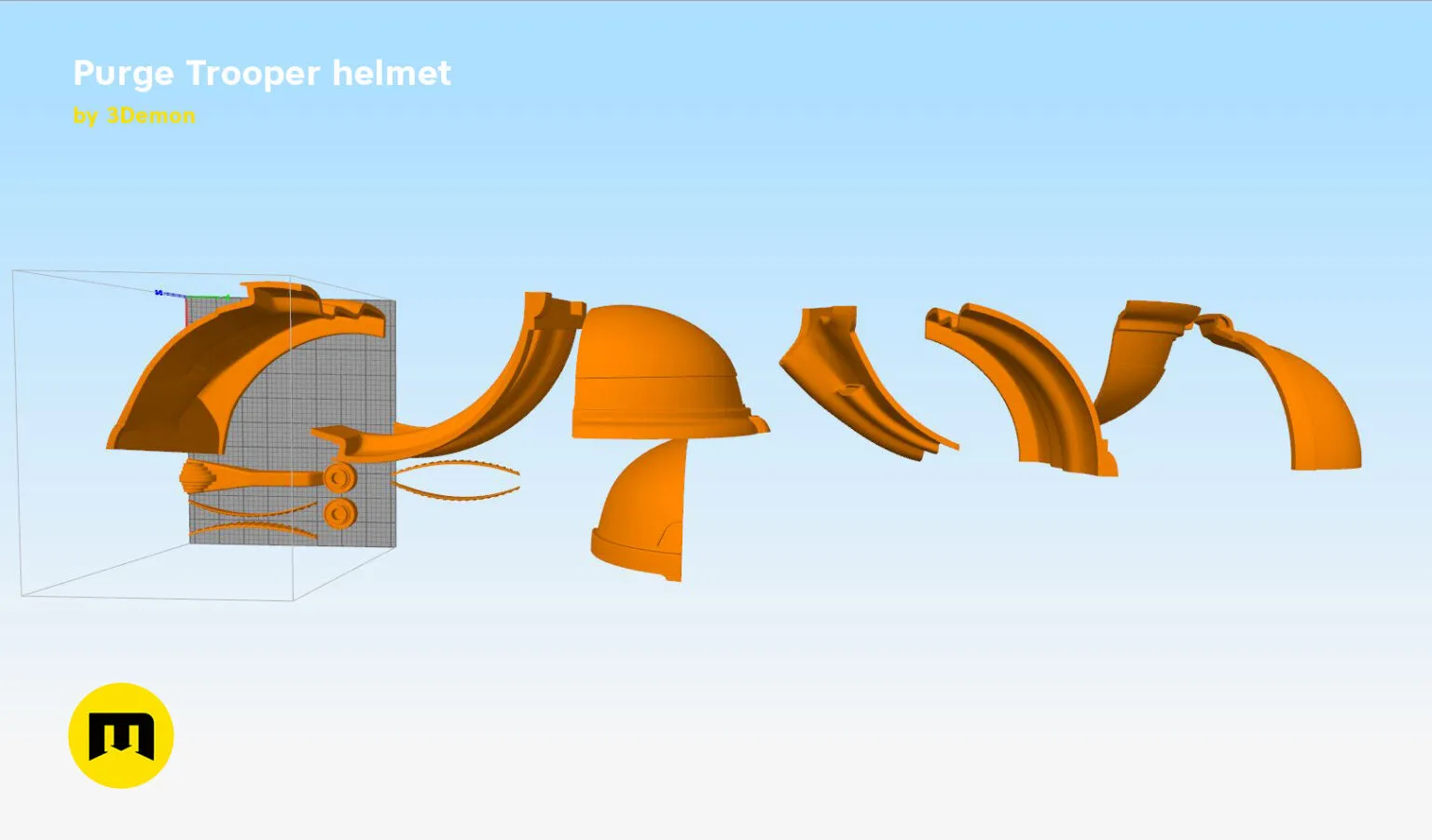 Purge Trooper armor STL, exploded view of orange 3D printed cosplay helmet parts