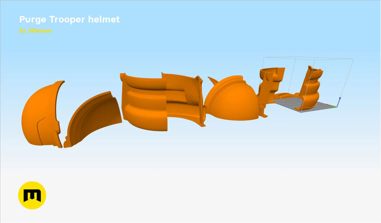 3D model render of Purge Trooper armor STL, exploded view of orange 3D printed cosplay prop parts.