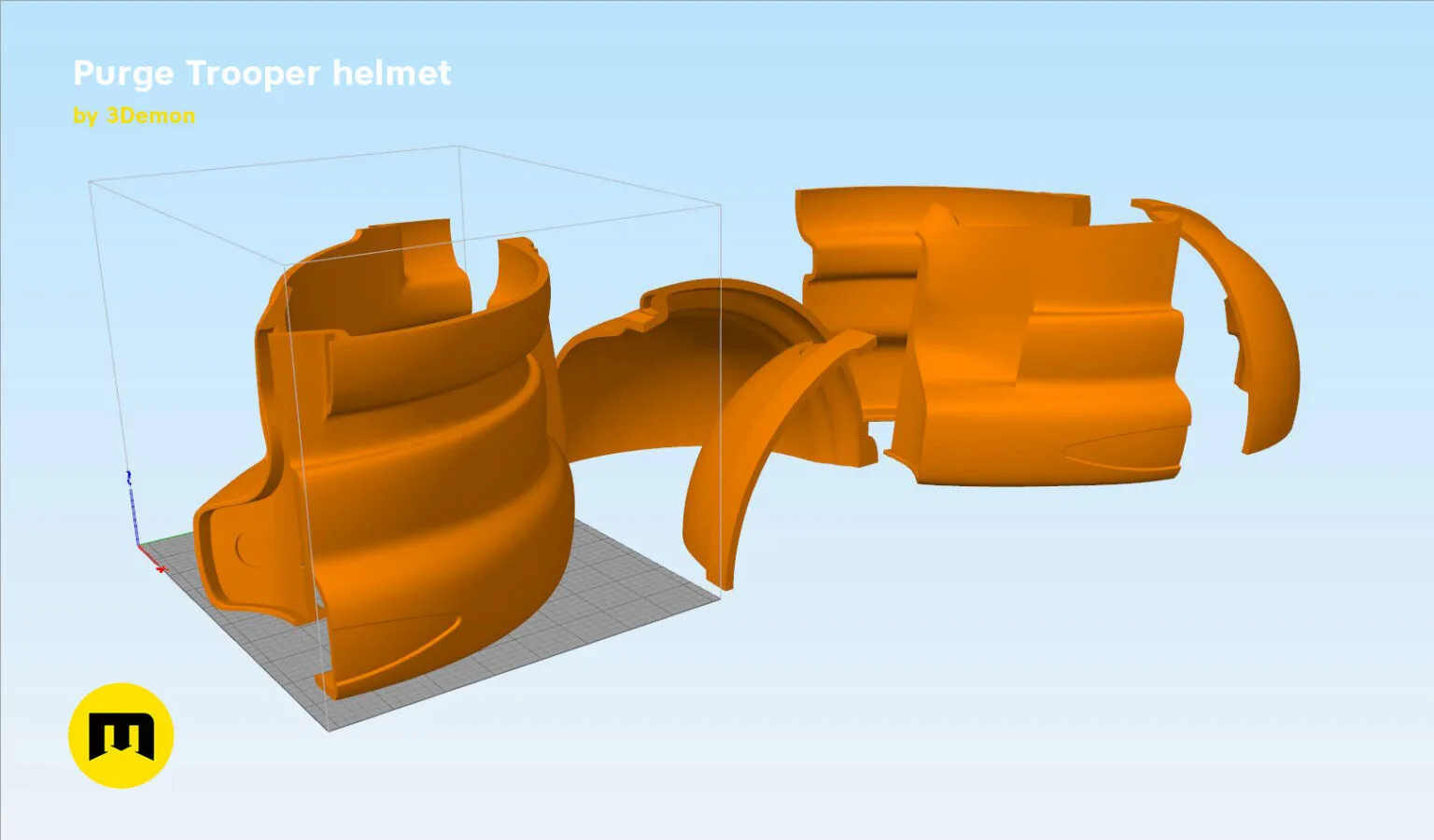 Slicer screenshot of Purge Trooper armor STL, orange parts on print bed grid, 3D print cosplay prop
