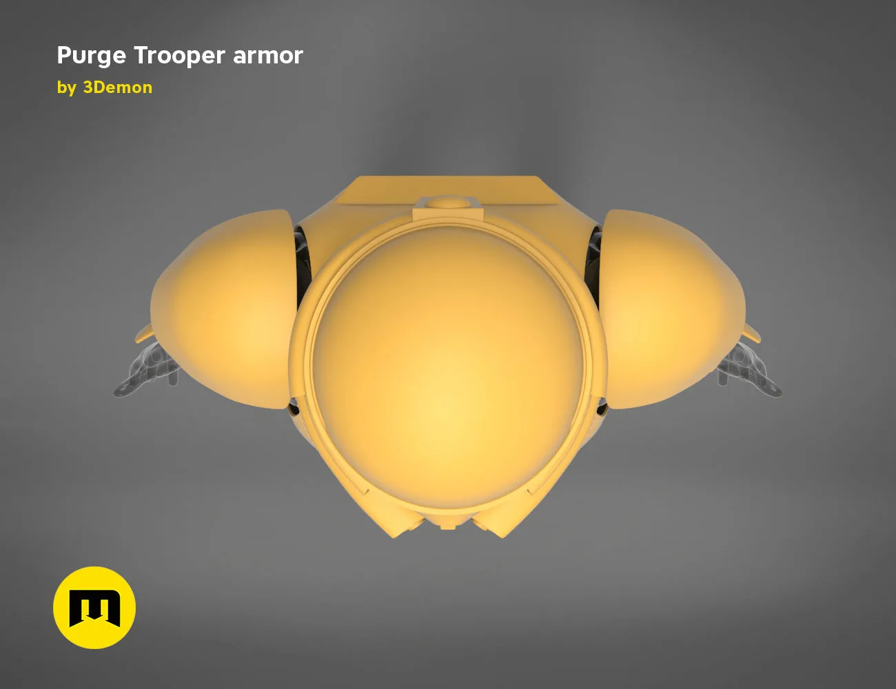 CAD render of Purge Trooper armor STL, front view cosplay prop with glowing visor, 3D print