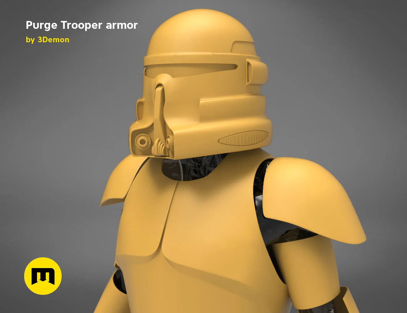Printable 3D model of Purge Trooper armor, olive-yellow 3D print cosplay prop, rear view.