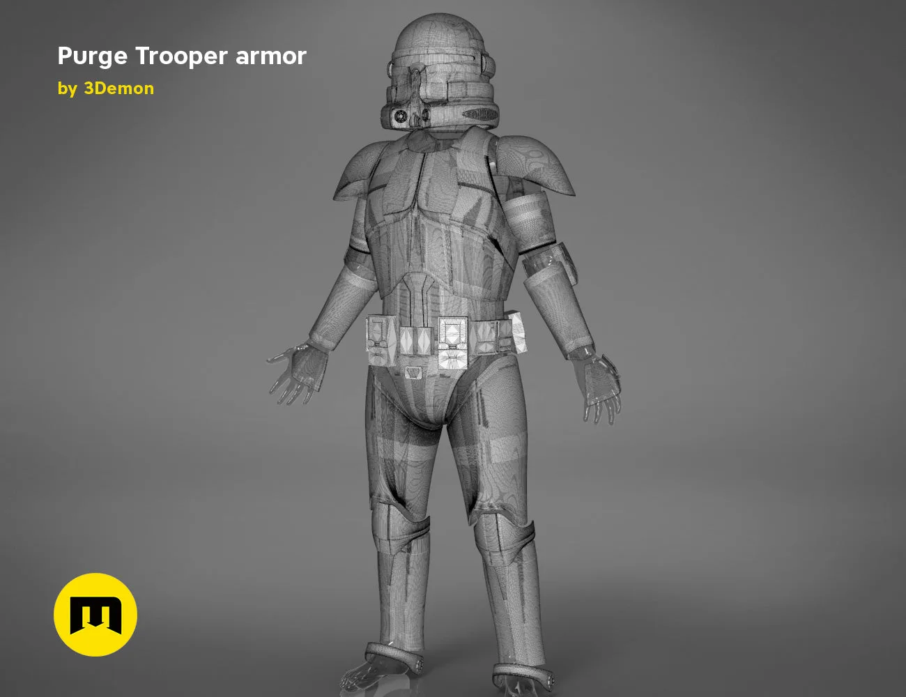 Purge Trooper armor STL, grey wireframe mesh render of rear view, 3D print cosplay prop