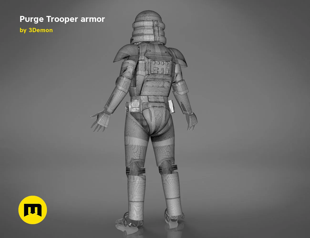 Wireframe mesh render of Purge Trooper armor STL, rear view mesh topology, 3D print cosplay prop