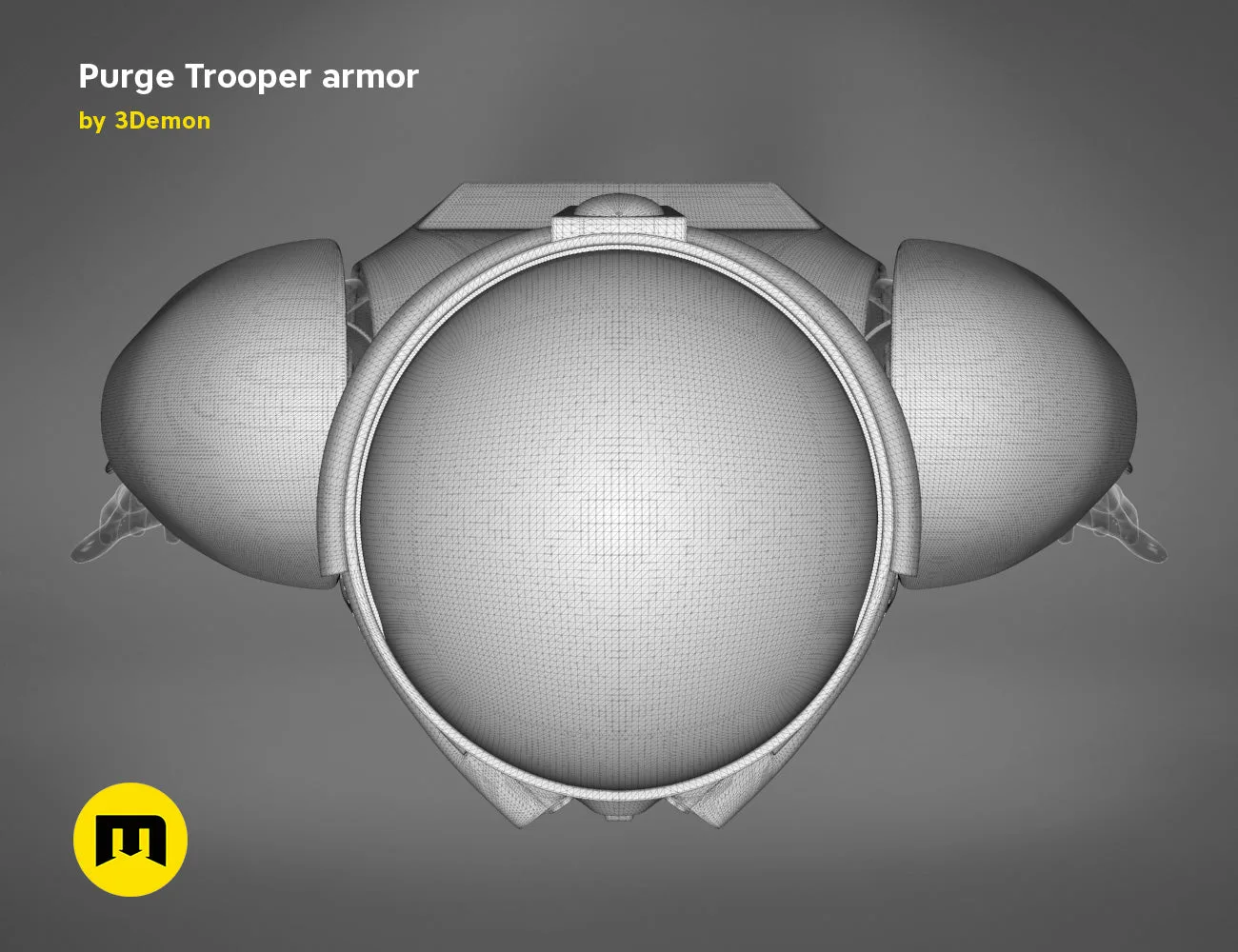 Wireframe mesh render of Purge Trooper armor STL, front view with shoulder pauldron mesh, 3D print cosplay prop