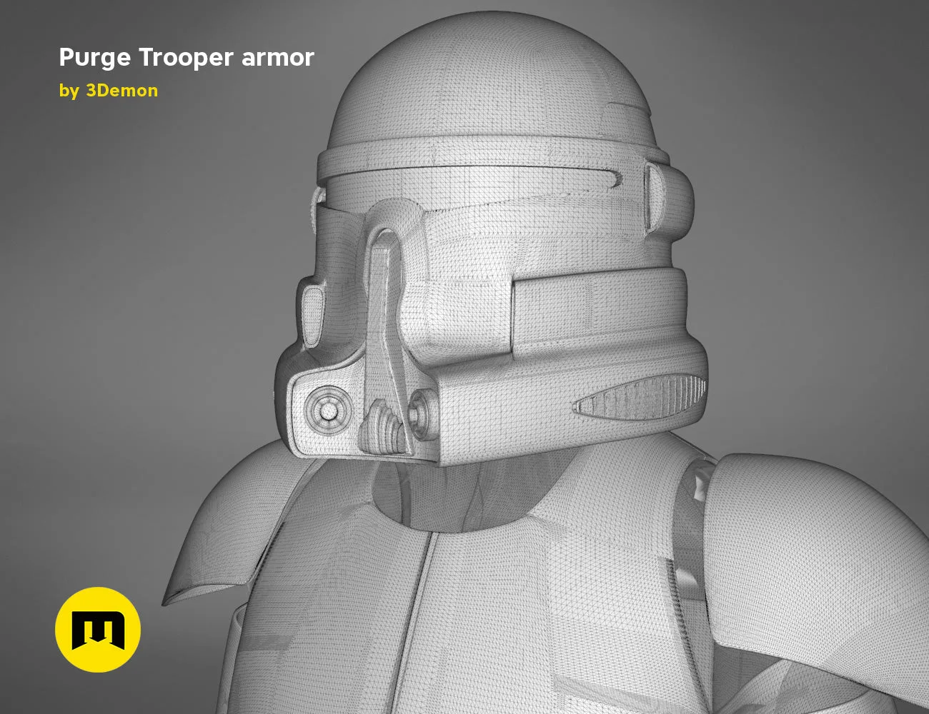 Wireframe mesh render of Purge Trooper armor STL, rear view with helmet hinge detail, 3D print cosplay prop