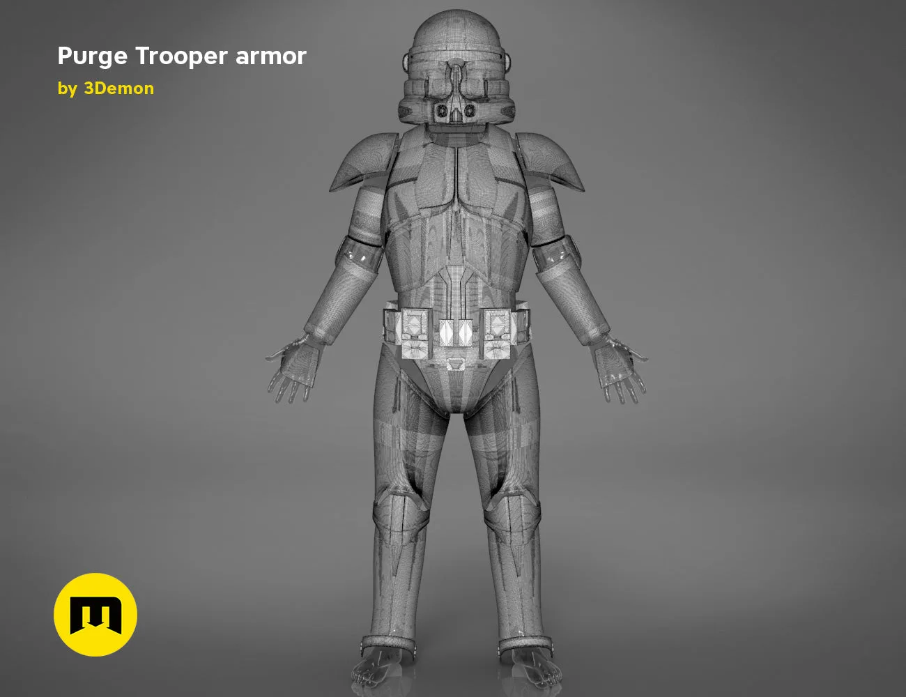 Wireframe mesh render of Purge Trooper armor STL, rear view mesh topology, 3D print cosplay prop