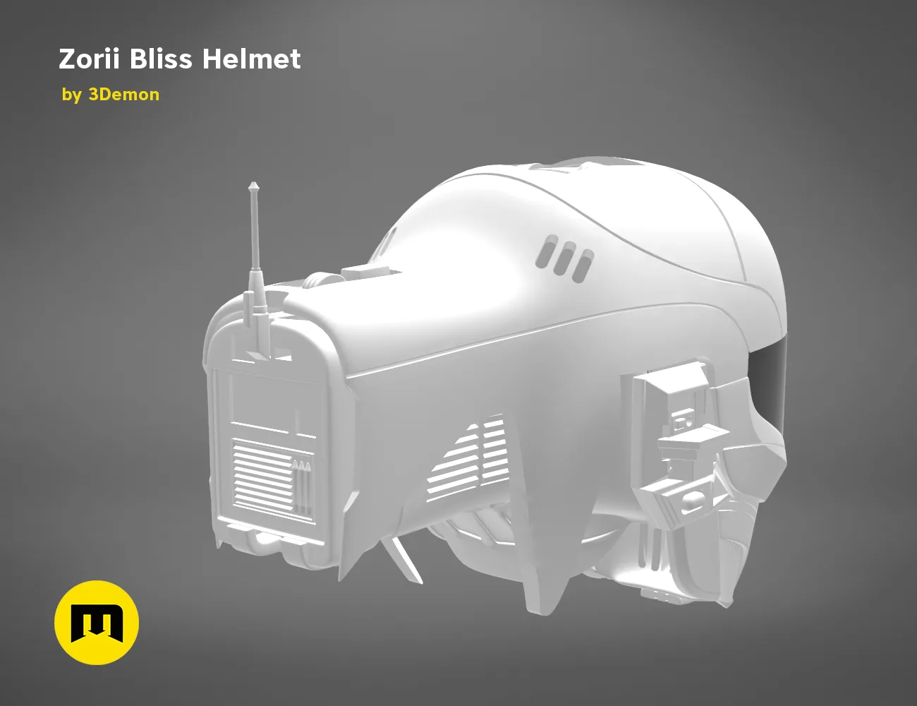Rendered 3D model of Zorii Bliss Helmet STL, futuristic cosplay prop side view, 3D print