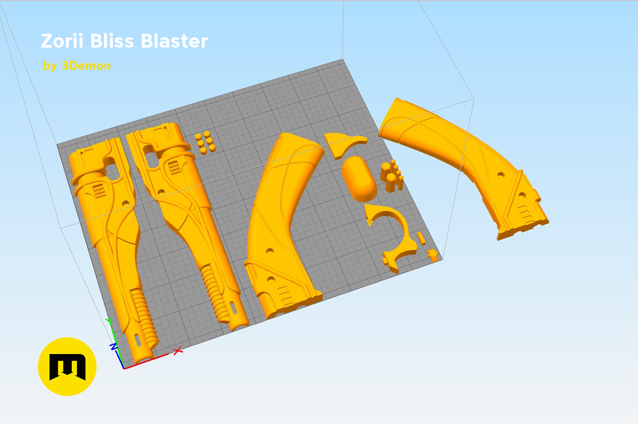 Slicer screenshot of Zorii Bliss Blaster STL, exploded orange weapon parts on grid bed, 3D print cosplay prop