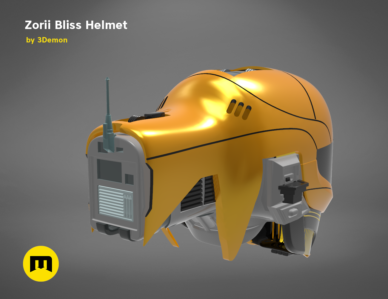 STL preview of Zorii Bliss Helmet, golden textured 3D print cosplay prop, side view