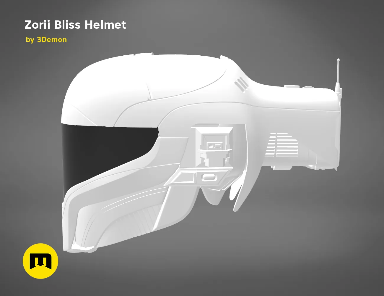 Wireframe mesh render of Zorii Bliss Helmet STL, semi-transparent side view, 3D print cosplay prop