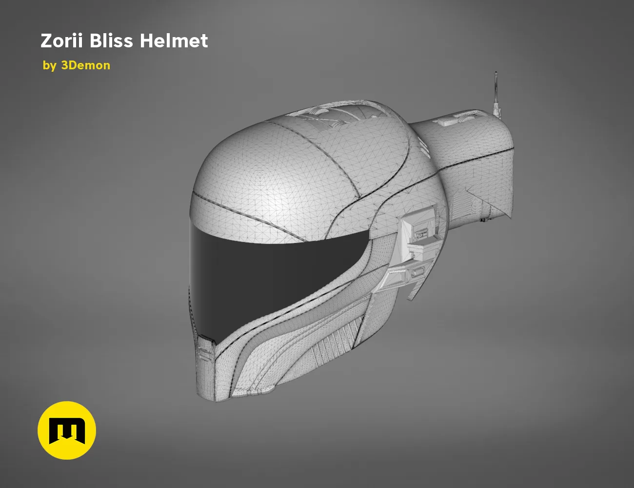 Wireframe mesh render of Zorii Bliss Helmet STL, side polygon structure, 3D print cosplay prop