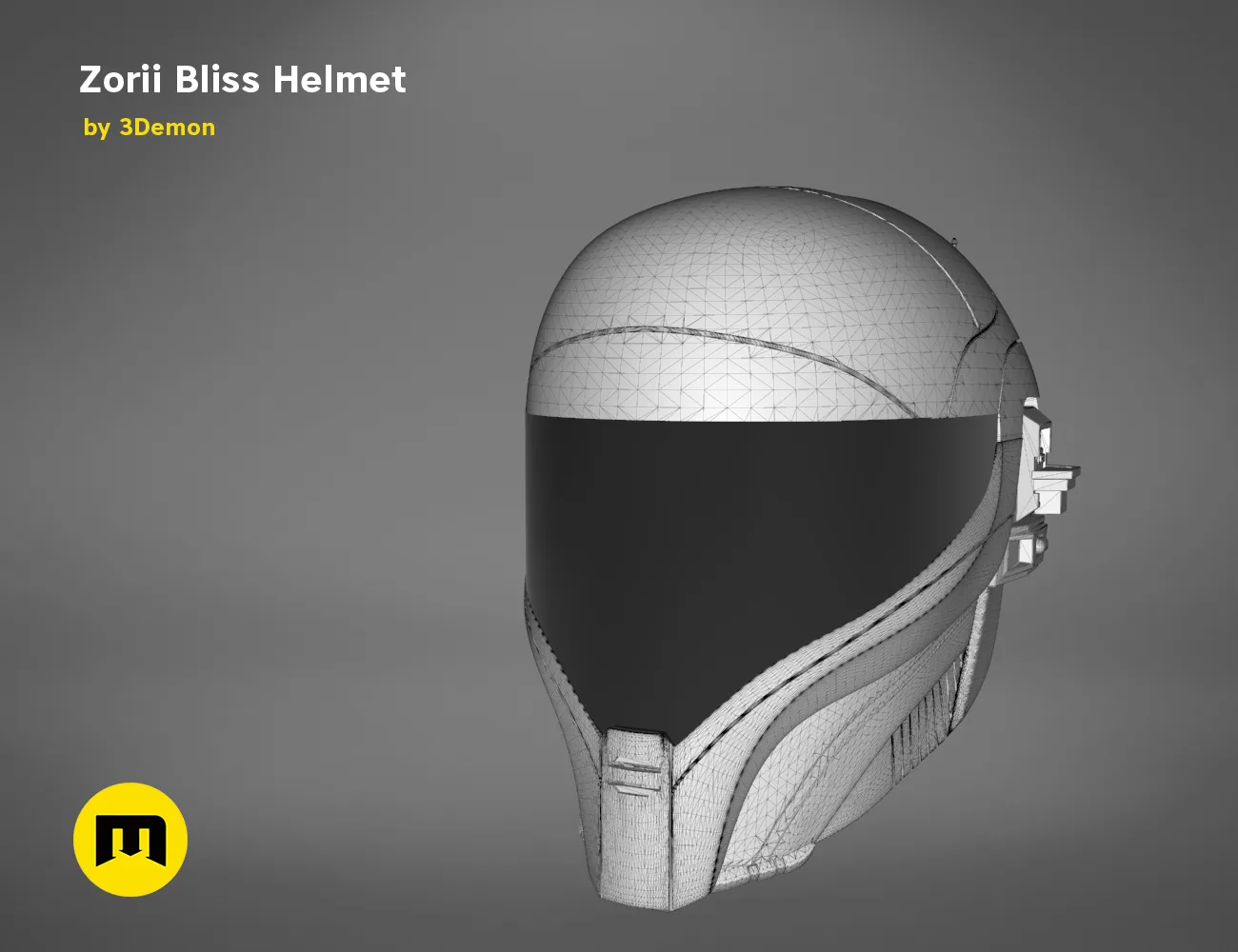 Wireframe mesh render of Zorii Bliss Helmet STL, side polygon structure, 3D print cosplay prop