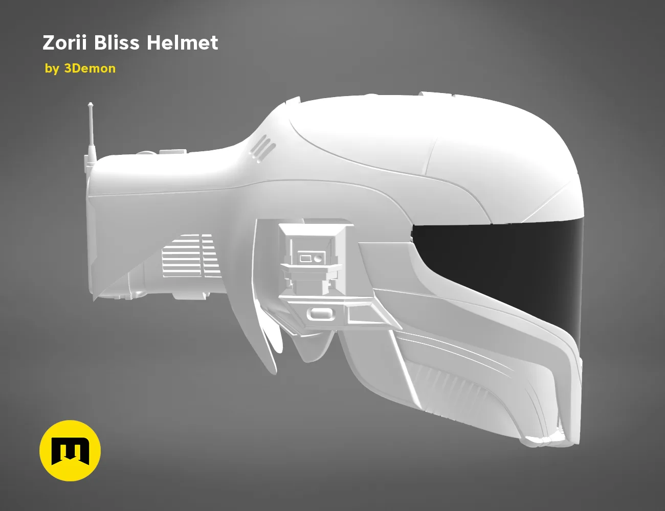 Wireframe mesh render of Zorii Bliss Helmet STL, side polygon structure, futuristic 3D print cosplay prop