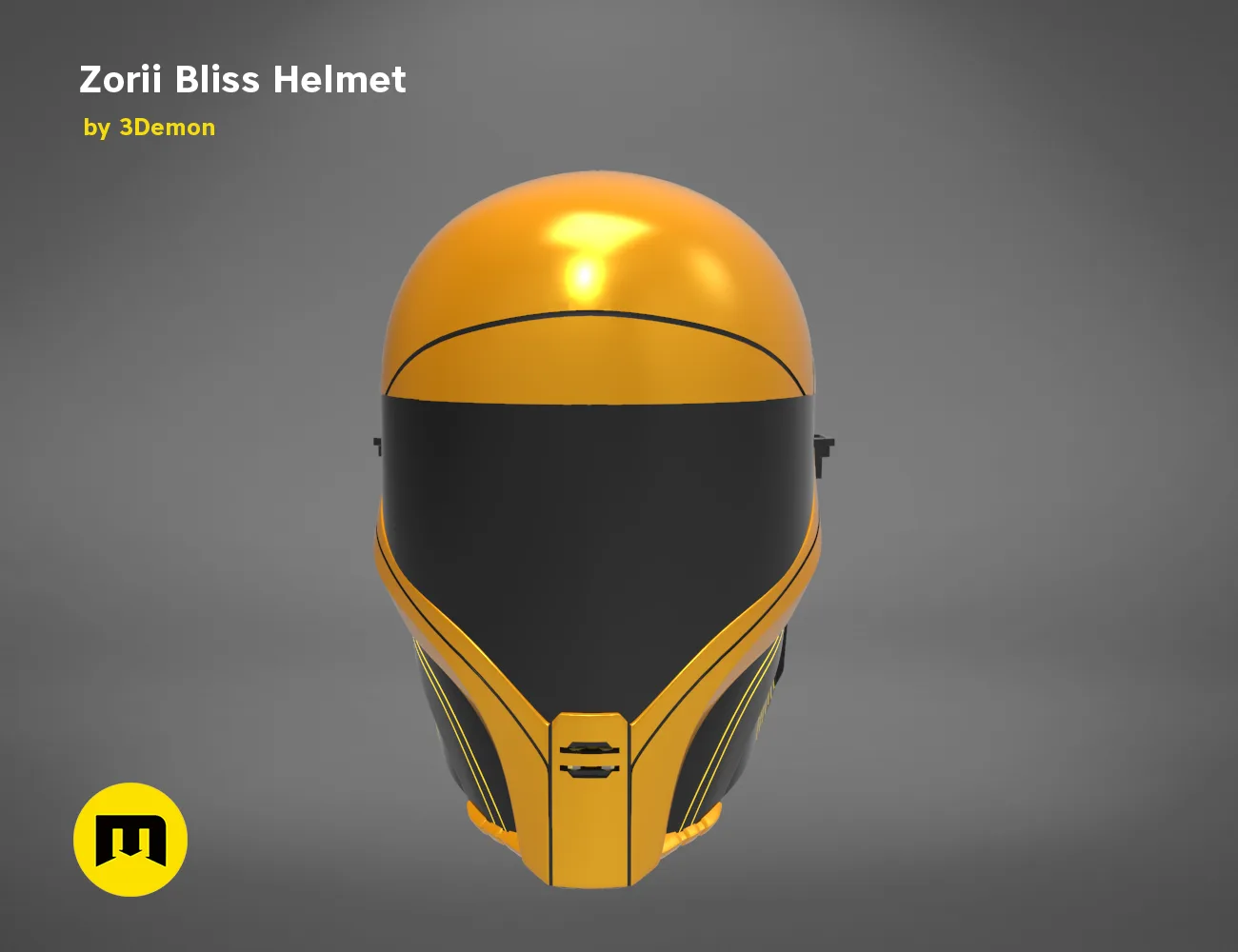 Zorii Bliss Helmet STL, black and orange futuristic cosplay prop, front 3D render