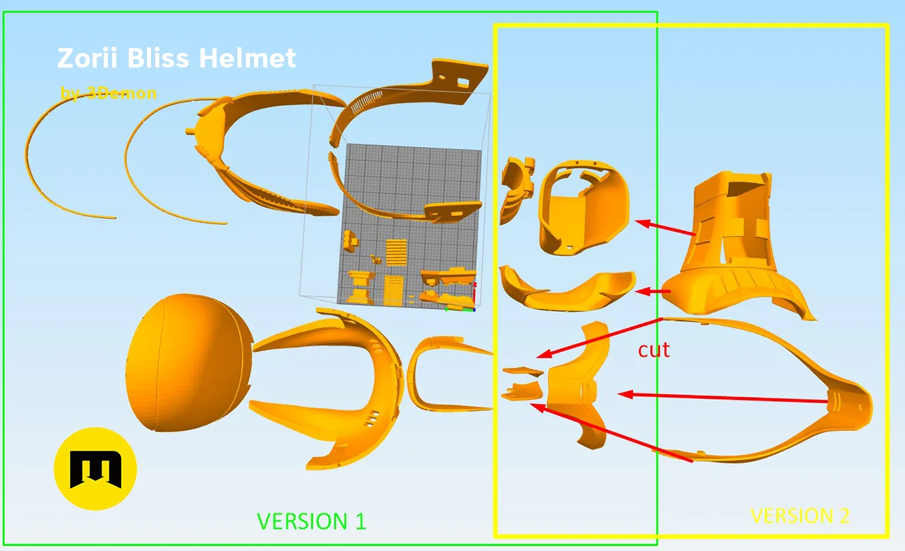 Zorii Bliss Helmet STL, exploded view of orange 3D printed cosplay prop parts