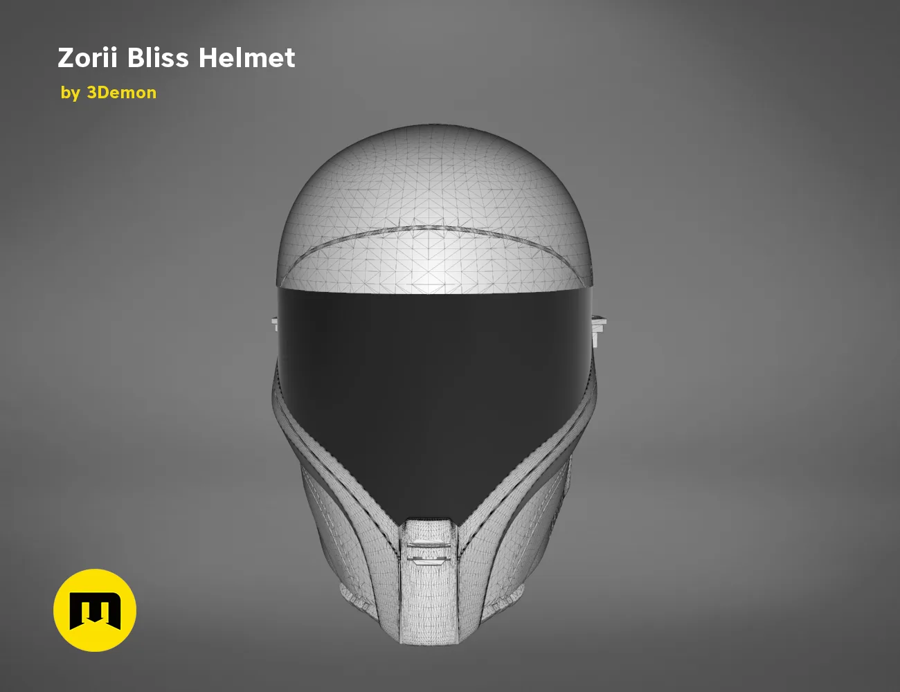 Zorii Bliss Helmet STL, front wireframe mesh render, 3D print cosplay prop
