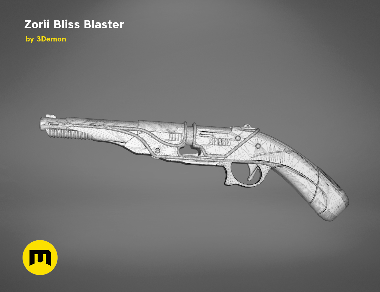Zorii Bliss Blaster STL, wireframe mesh render of futuristic pistol grip, 3D print cosplay prop