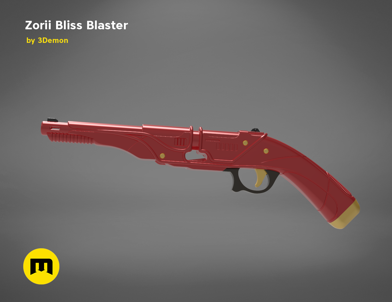 Painted 3D render of Zorii Bliss Blaster STL, red cosplay prop gun with yellow accents, 3D print.