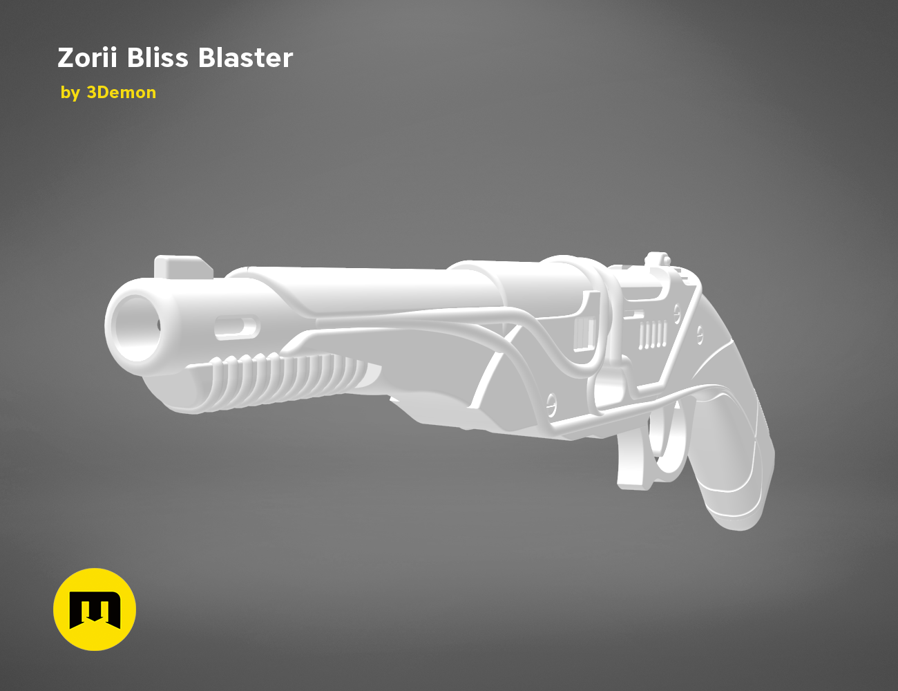 CAD render of Zorii Bliss Blaster STL, futuristic cosplay prop with transparent grip detail, 3D print weapon
