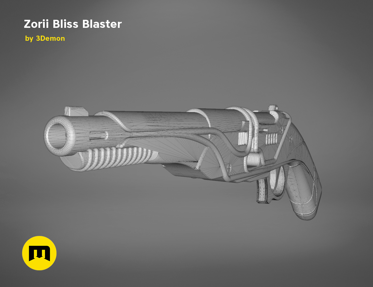 Wireframe mesh render of Zorii Bliss Blaster STL, side polygon structure, 3D print cosplay prop