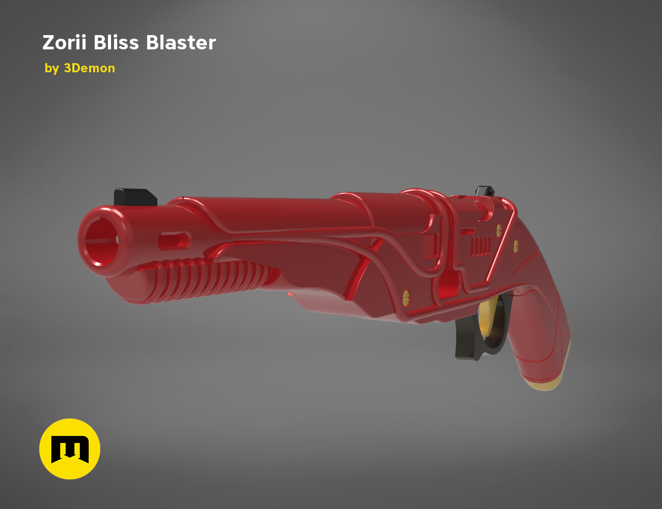 Painted 3D render of Zorii Bliss Blaster STL, red futuristic cosplay prop gun, side view