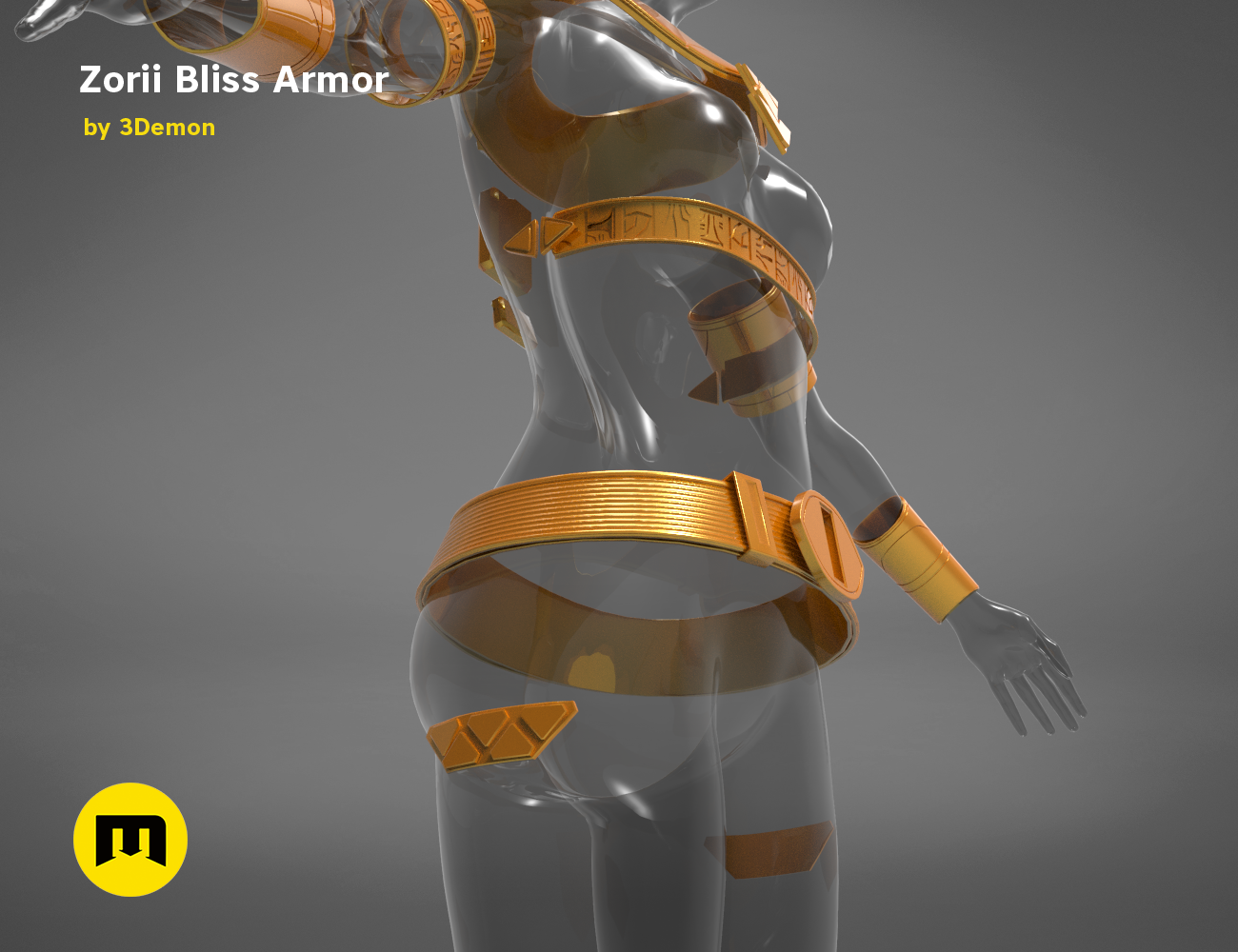 CAD render of Zorii Bliss Armor STL, futuristic cosplay armor with golden straps, 3D print.