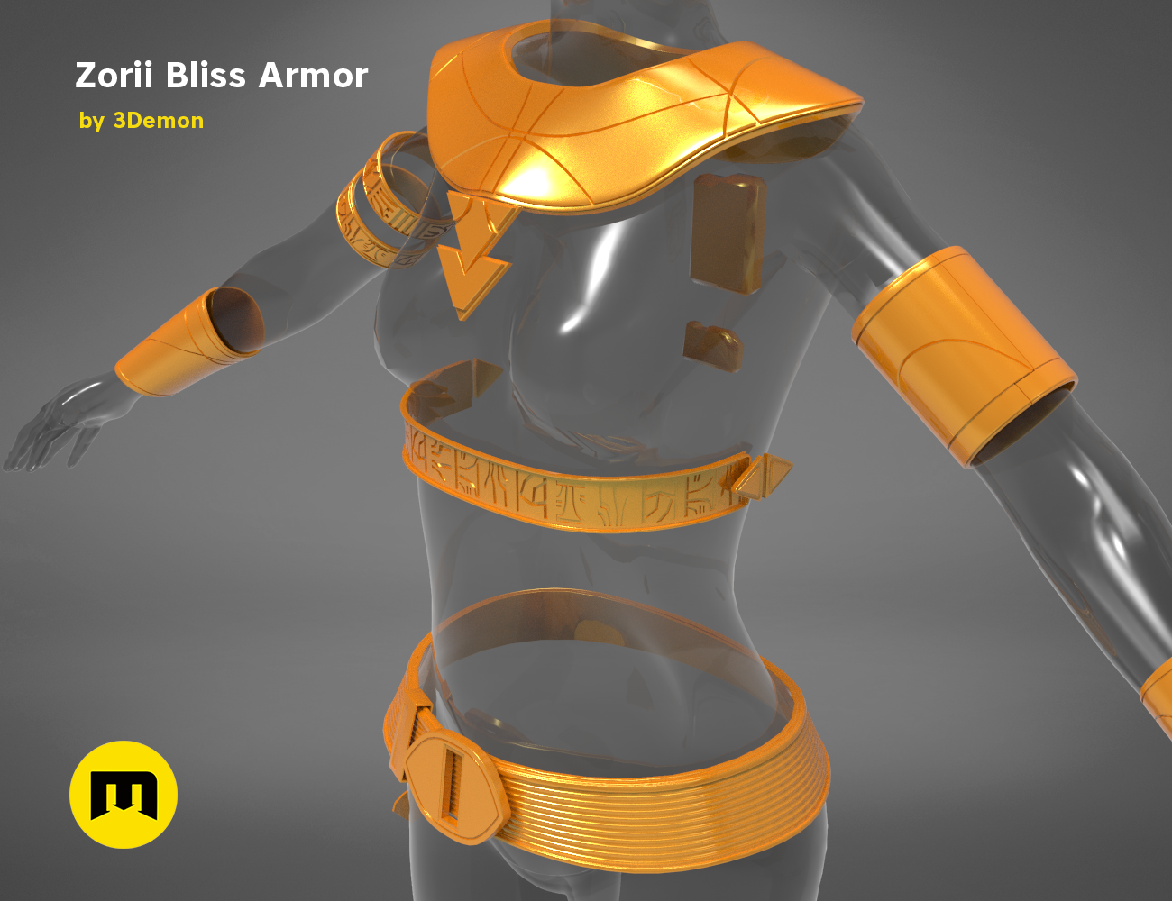 Painted 3D render of Zorii Bliss Armor, futuristic orange cosplay prop, detailed shoulder pauldron.