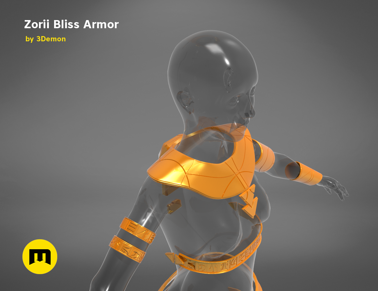 Printable 3D model of Zorii Bliss Armor, sleek futuristic cosplay prop with orange shoulder pauldron.